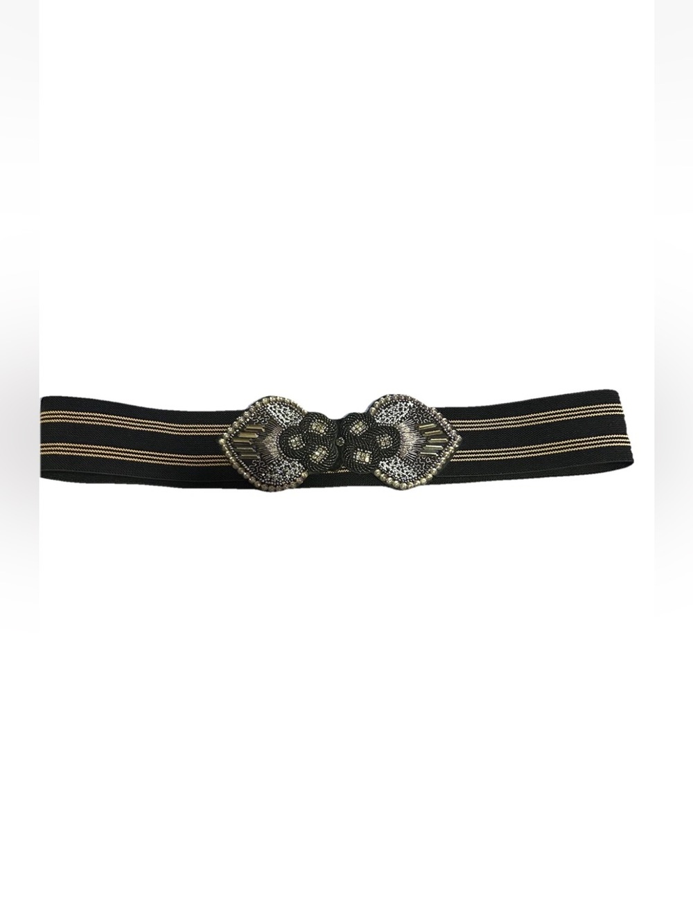 LOFT Wide Elastic Waist Belt Black Beige Striped Sequin Bling Buckle M/L